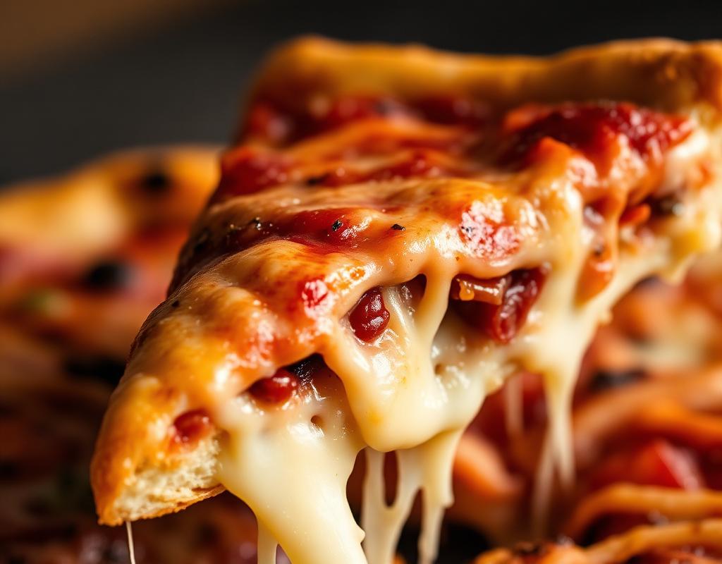 Deep-dish cheese pull close-up