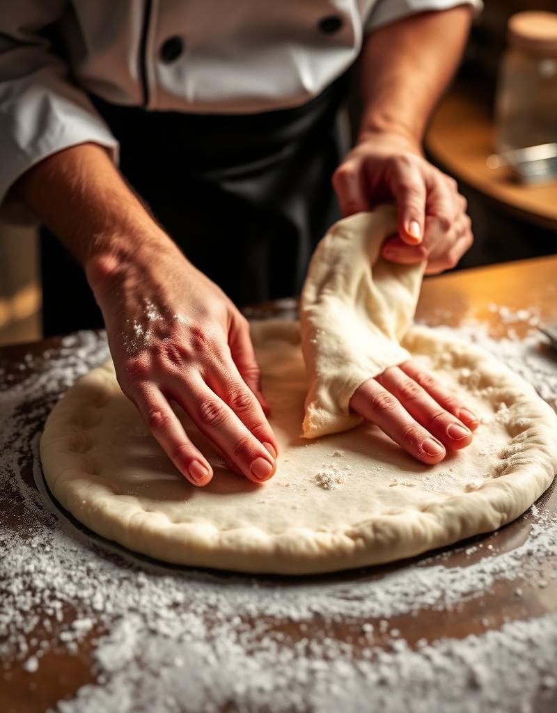 Hand-stretching pizza dough