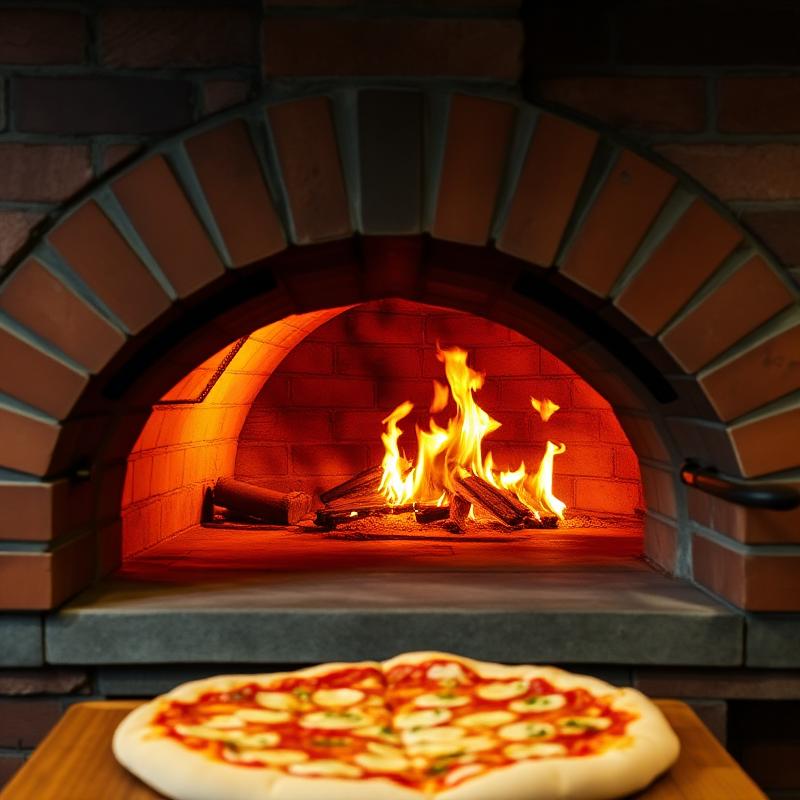 Wood-fired pizza oven with flames